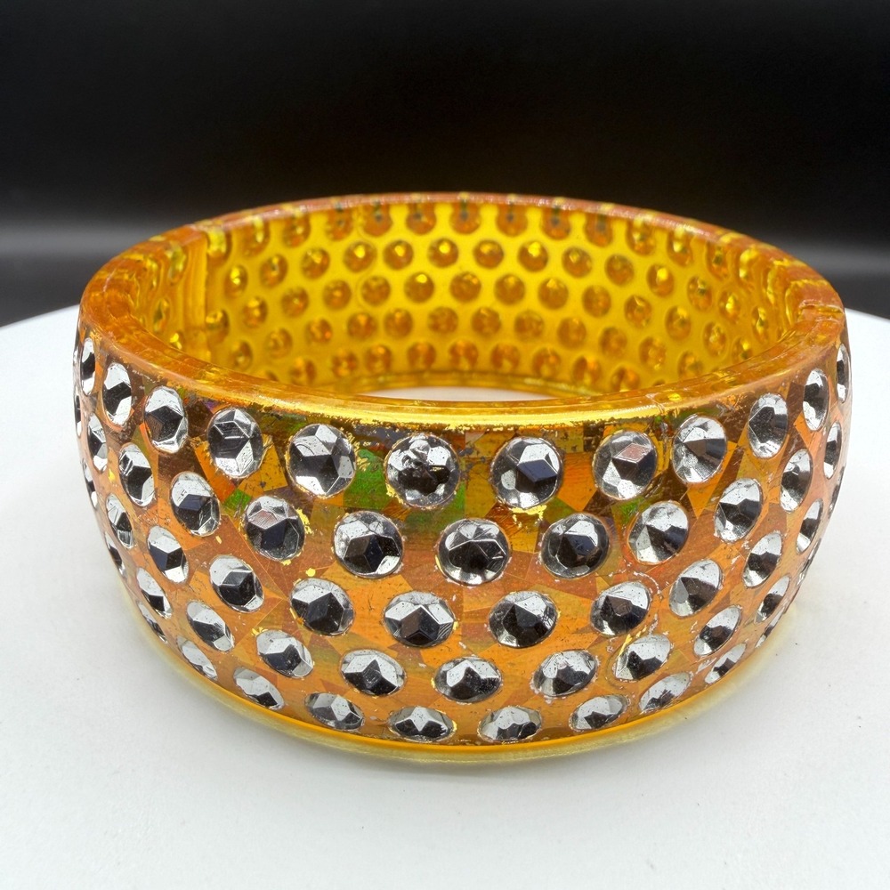 Orange Amber Tone Acrylic Rhinestone Wide Bangle Bracelet Chunky Statement Y2K